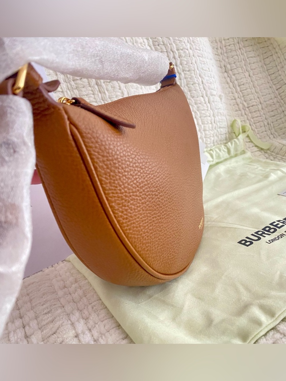 Burberry All Soft Large Tan Leather Half Moon Crossbody Sling Bag NWT - Picture 9 of 13
